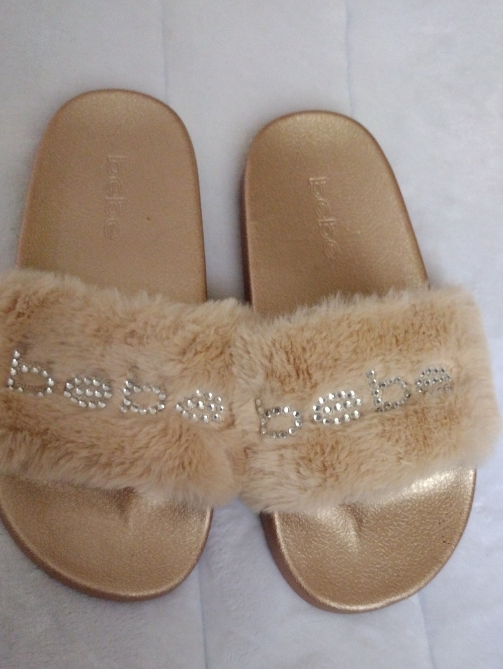 bebe Faux-Fur Slide Sandals in Beige Gold